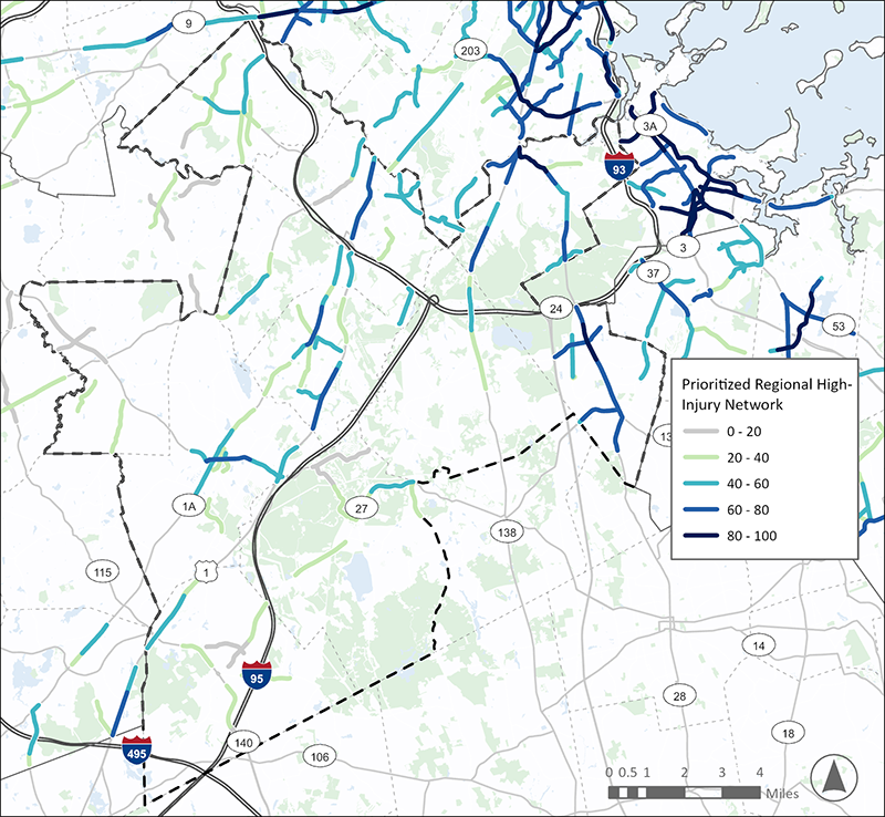 A map of the Three Rivers Interlocal Council (TRIC) Subregion, consisting of communities to the south of Boston centered on Norwood. A Prioritized Regional High Injury Network, consisting of highlighted highest-scoring roadway segments, is overlayed on the map. This area has high-scoring segments in Westwood, Norwood, Walpole, Dedham, and Randolph.